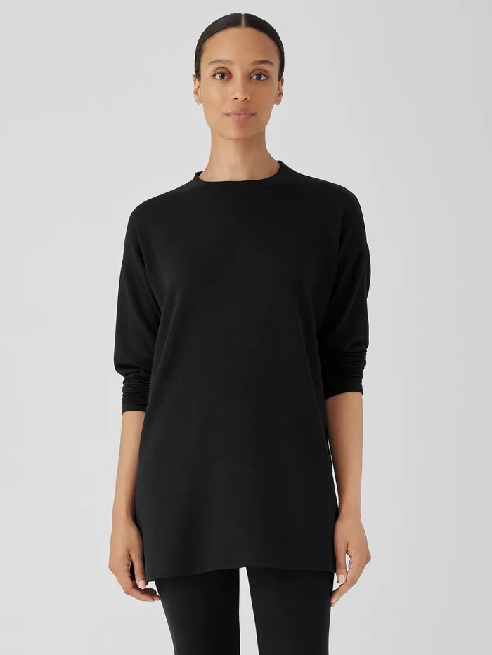 Cozy Brushed Terry Hug Crew Neck Long Top Black Women Eileen Fisher Tops and Tees
