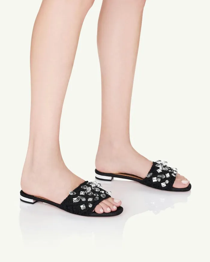Crystal Cote Flat Black Women Aquazzura Flats Crystal Cote Flat Black Women Aquazzura Flats