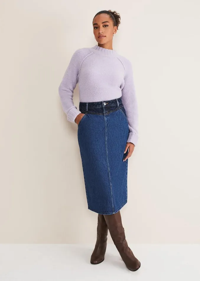 Delta Two Tone Denim Midi Skirt Dark Wash Women Phase Eight Skirts