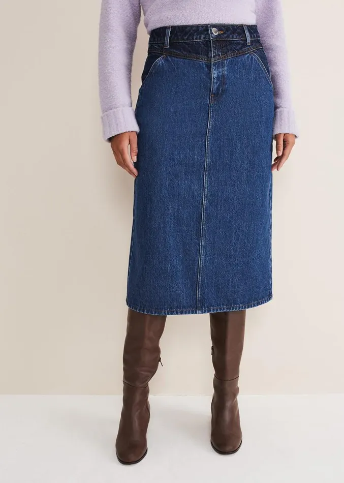 Delta Two Tone Denim Midi Skirt Dark Wash Women Phase Eight Skirts
