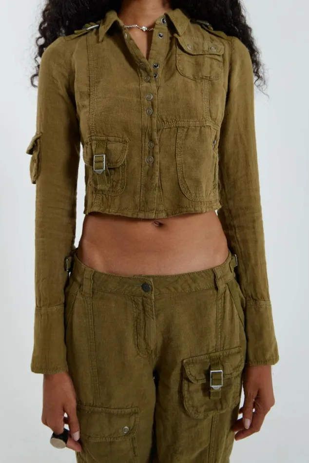 Devon Linen Cargo Shirt Stone Women Jaded London Long Sleeve Tops