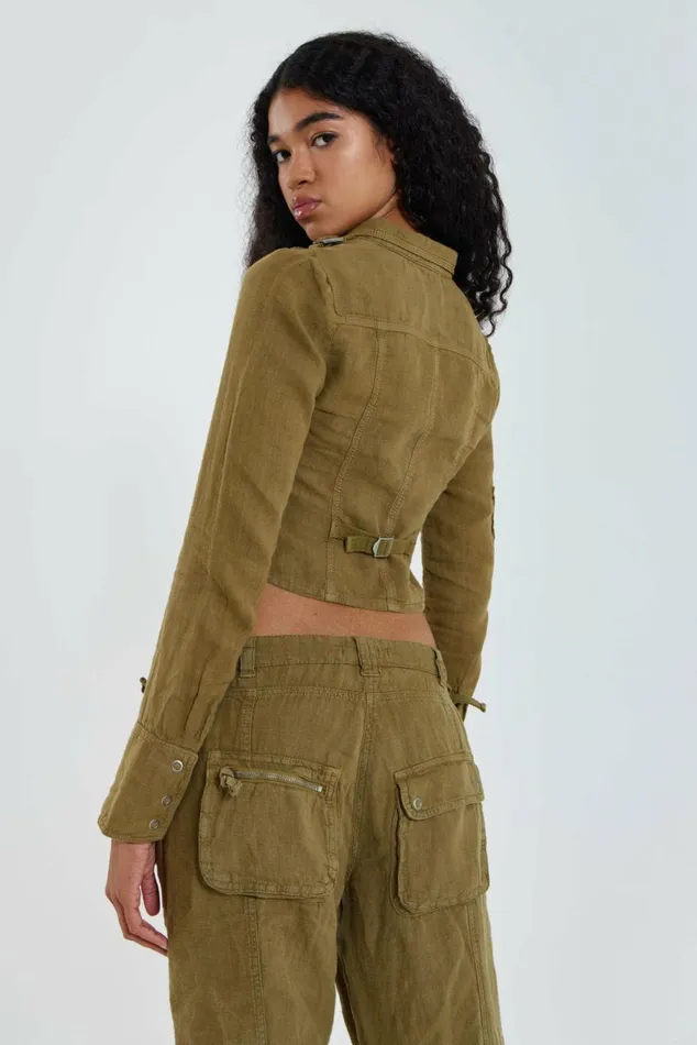 Devon Linen Cargo Shirt Stone Women Jaded London Long Sleeve Tops