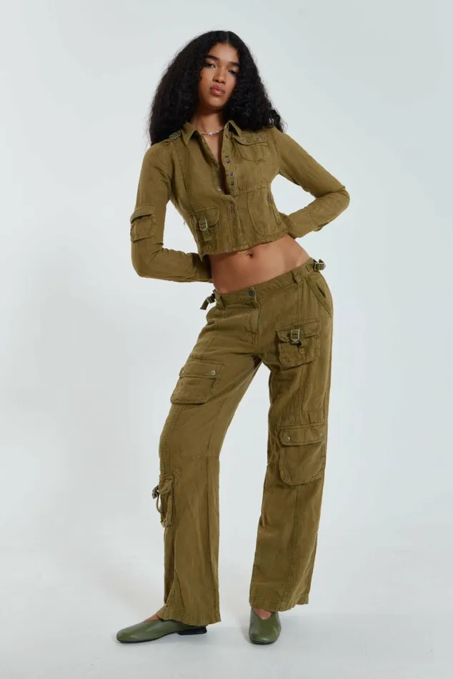 Devon Linen Cargo Shirt Stone Women Jaded London Long Sleeve Tops