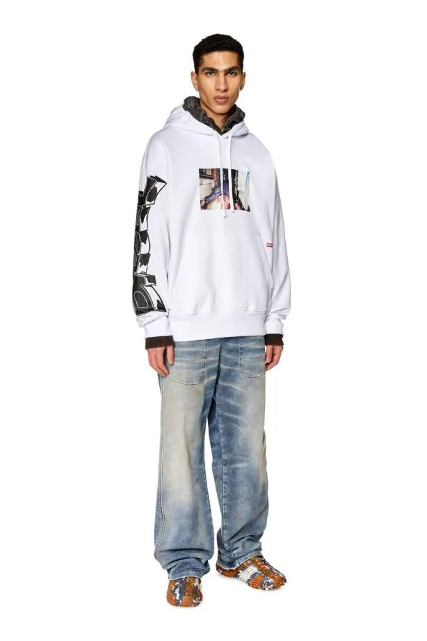 Diesel Smacshoodl3 White Men Sweatshirts and Hoodies