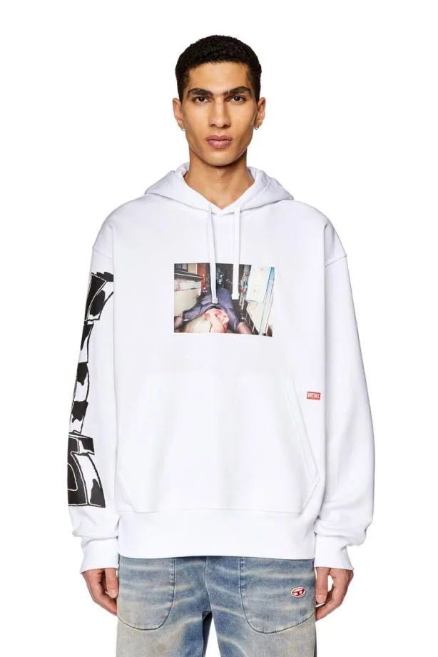 Diesel Smacshoodl3 White Men Sweatshirts and Hoodies