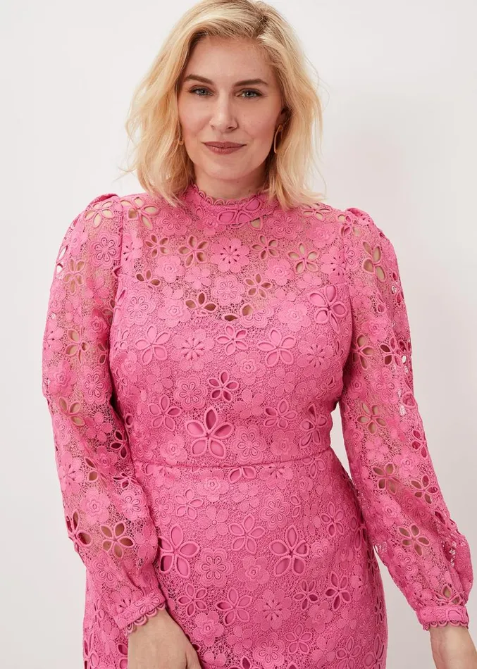 Doris Guipure Lace Highneck Dress Candy Pink Women Phase Eight Dresses