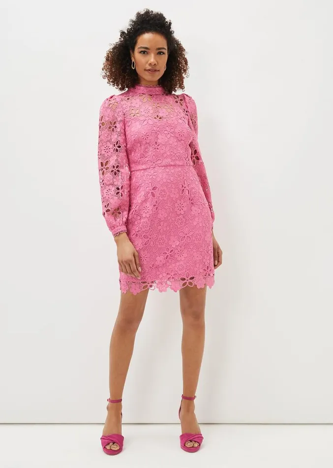 Doris Guipure Lace Highneck Dress Candy Pink Women Phase Eight Dresses
