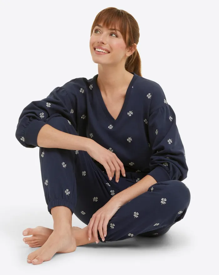 Draper James Bobbie Sweatpants In Navy Embroidered Viola Women Lounge and Pajamas
