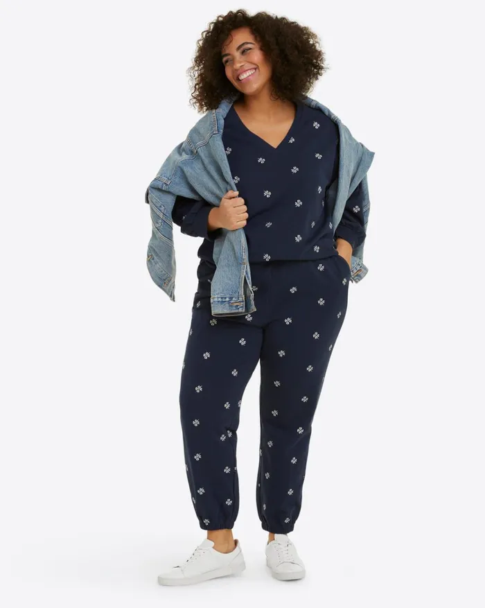 Draper James Bobbie Sweatpants In Navy Embroidered Viola Women Lounge and Pajamas