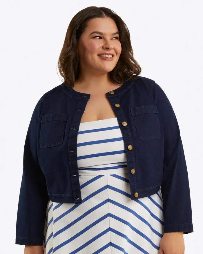 Draper James Collarless Jacket In Stretch Denim Women Jackets and Outerwear