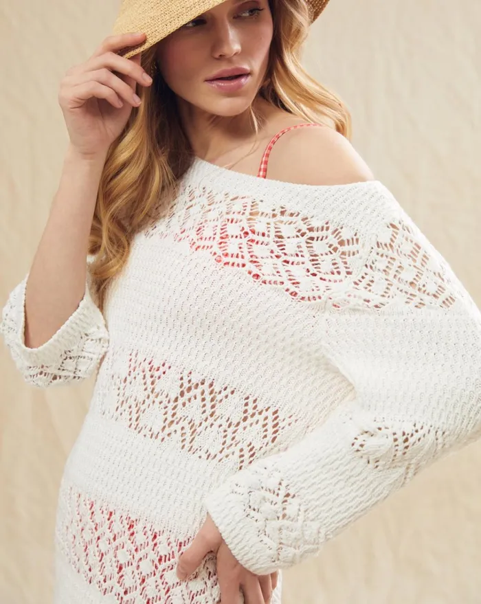 Draper James Crochet Long Sleeve Dress In White Women Dresses