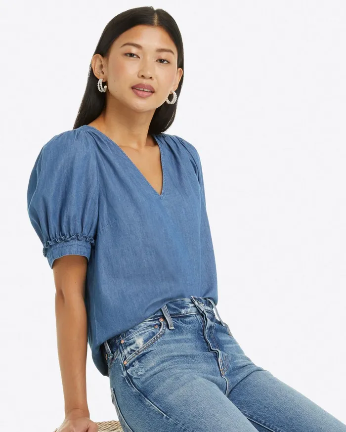 Draper James Heidi VNeck Top In Chambray Women Tops