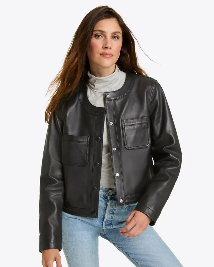 Draper James Leather Collarless Jacket Women Jackets and Outerwear