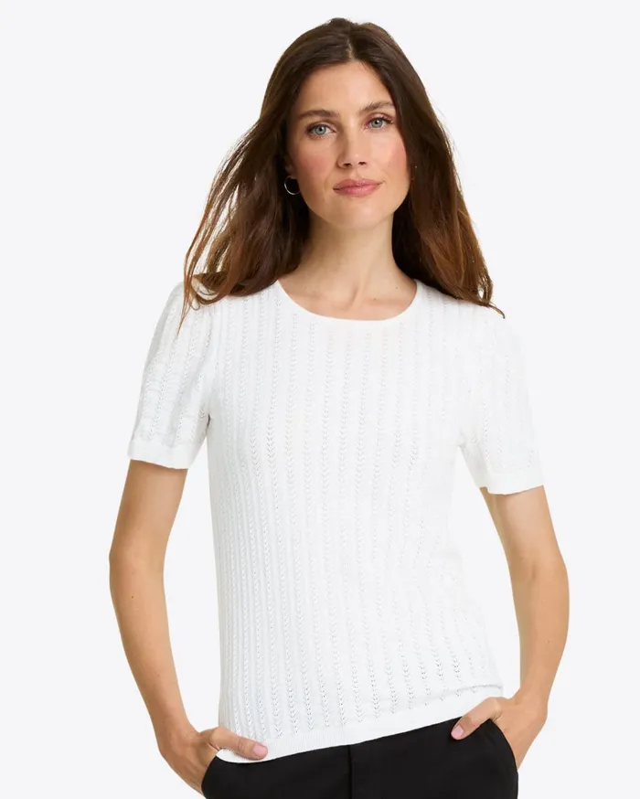 Draper James Short Sleeve Sweater In White Pointelle Women Sweaters