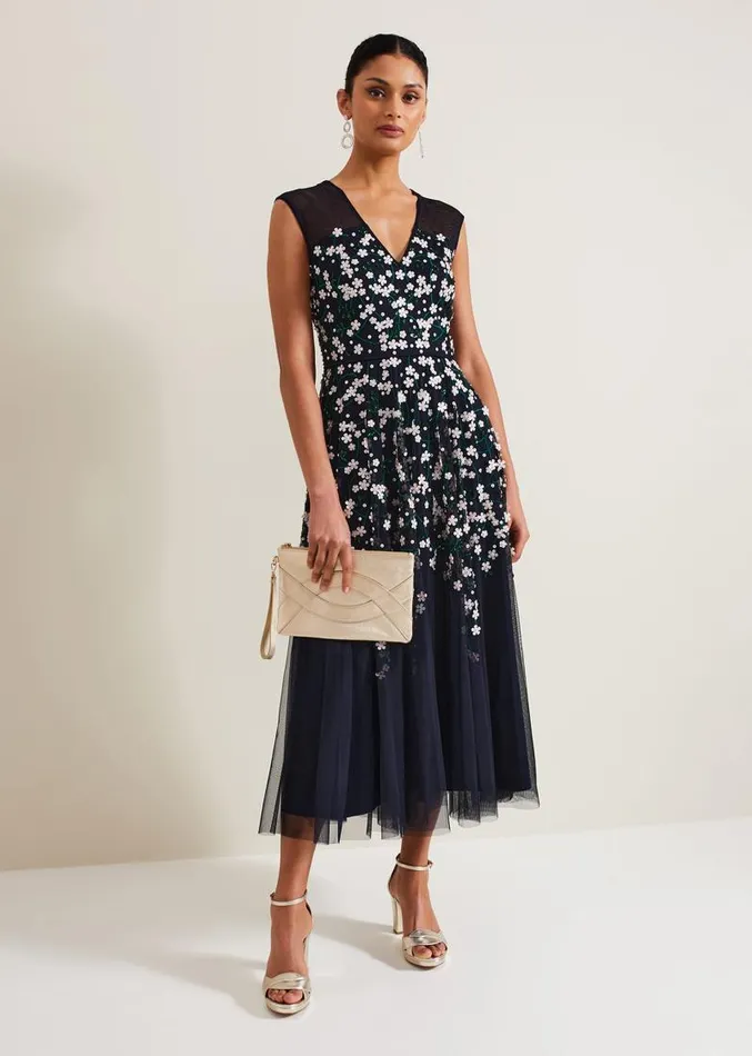 Ellen Blossom Beaded Midi Dress Navy Women Phase Eight Dresses