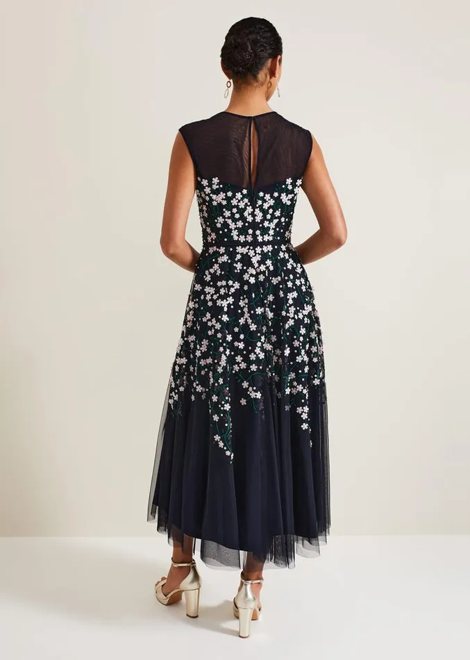 Ellen Blossom Beaded Midi Dress Navy Women Phase Eight Dresses