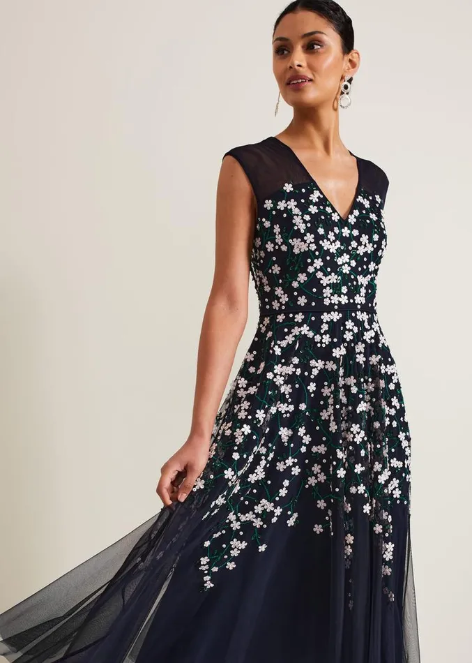 Ellen Blossom Beaded Midi Dress Navy Women Phase Eight Dresses