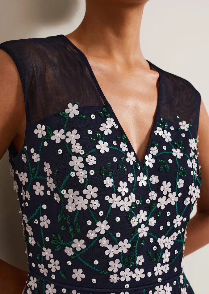 Ellen Blossom Beaded Midi Dress Navy Women Phase Eight Dresses