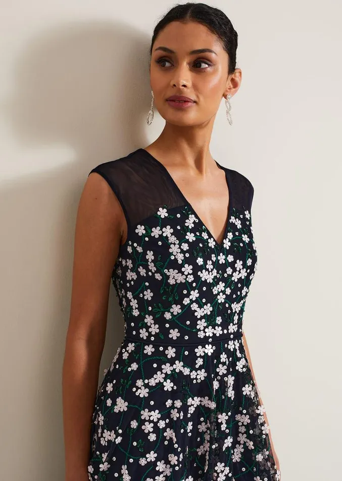 Ellen Blossom Beaded Midi Dress Navy Women Phase Eight Dresses