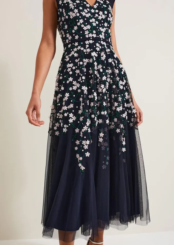 Ellen Blossom Beaded Midi Dress Navy Women Phase Eight Dresses