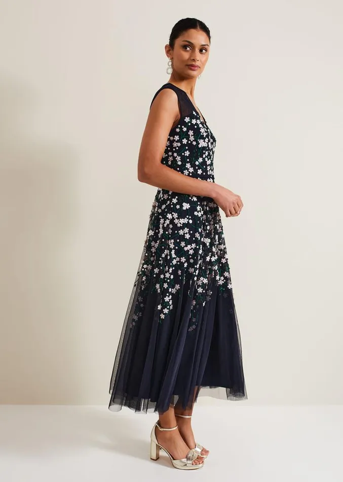 Ellen Blossom Beaded Midi Dress Navy Women Phase Eight Dresses