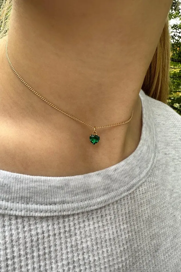 Emerald Heart Charm Necklace Gold Women Brandy Melville Jewelry