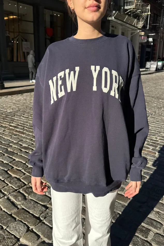 Erica New York Sweatshirt Faded Navy Blue Women Brandy Melville Sweatpants and Sweatshirts