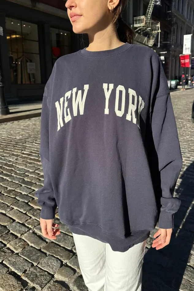 Erica New York Sweatshirt Faded Navy Blue Women Brandy Melville Sweatpants and Sweatshirts