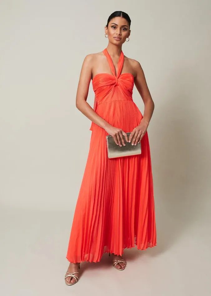 Evangeline Pleated Halterneck Maxi Dress Coral Women Phase Eight Dresses