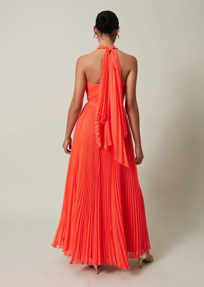 Evangeline Pleated Halterneck Maxi Dress Coral Women Phase Eight Dresses