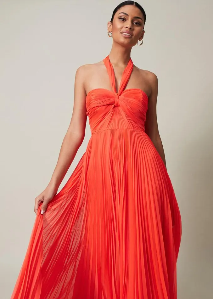 Evangeline Pleated Halterneck Maxi Dress Coral Women Phase Eight Dresses