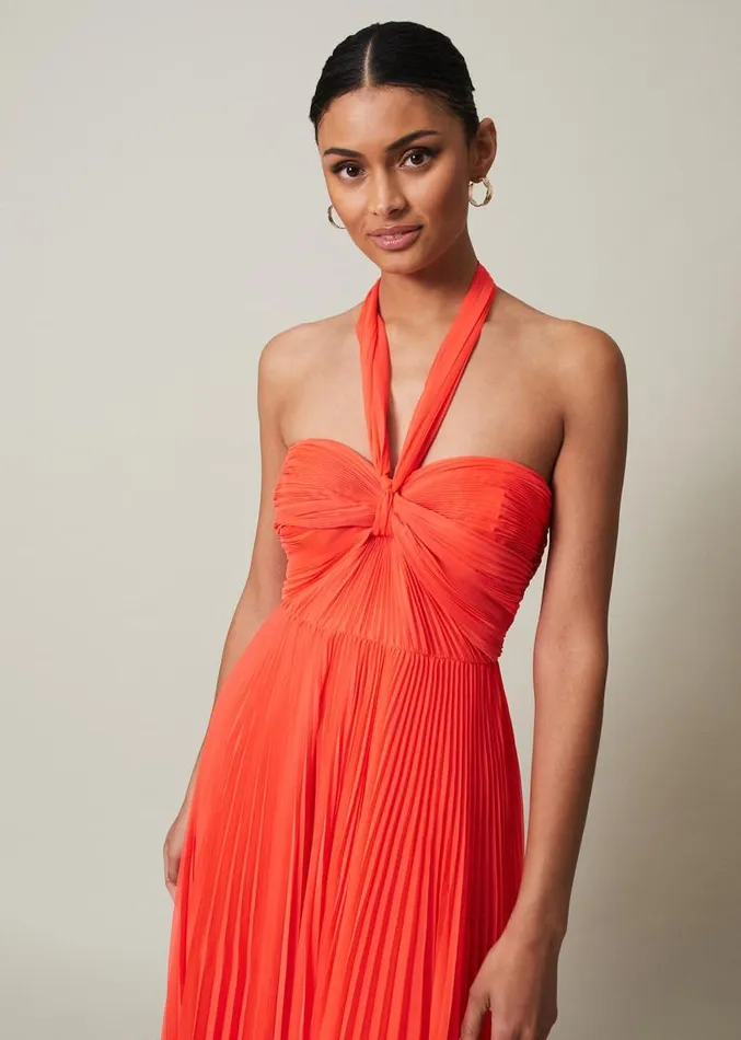 Evangeline Pleated Halterneck Maxi Dress Coral Women Phase Eight Dresses