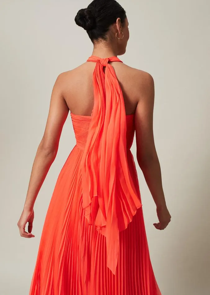 Evangeline Pleated Halterneck Maxi Dress Coral Women Phase Eight Dresses