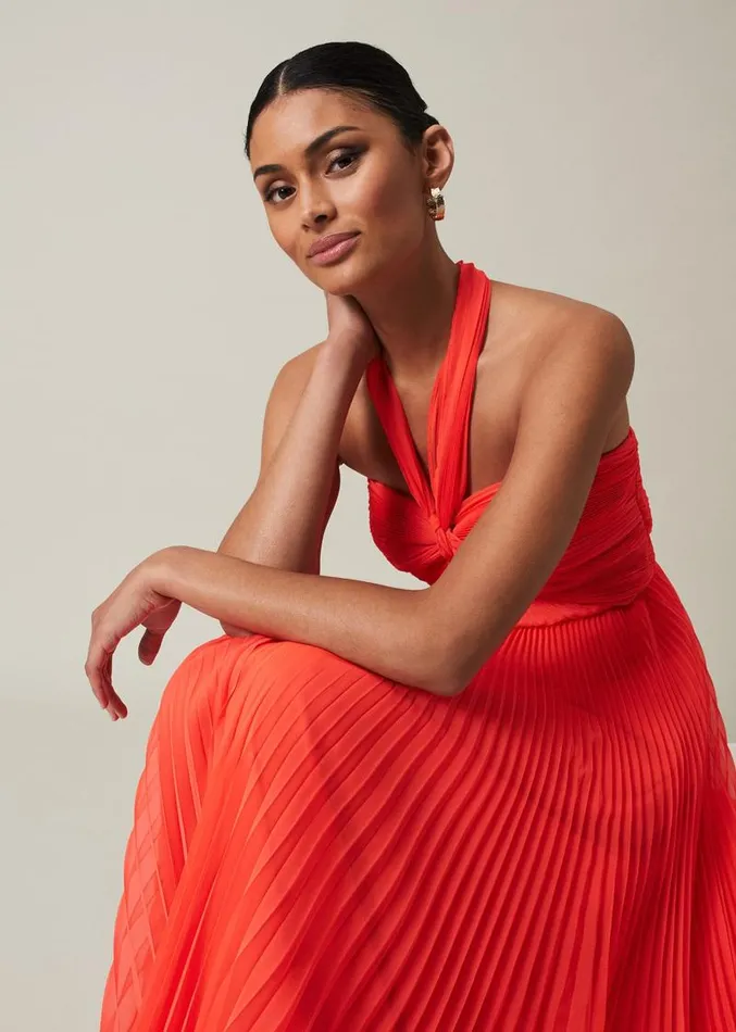 Evangeline Pleated Halterneck Maxi Dress Coral Women Phase Eight Dresses
