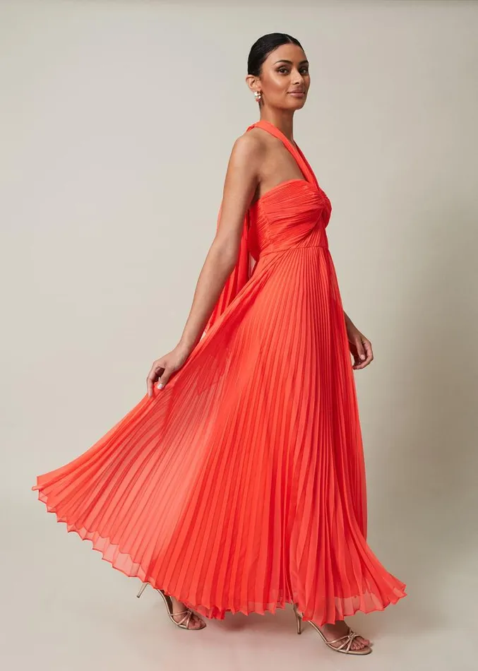 Evangeline Pleated Halterneck Maxi Dress Coral Women Phase Eight Dresses