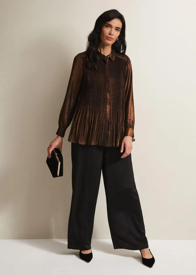 Faye Foil Pleated Blouse Bronze Women Phase Eight Shirts and Blouses
