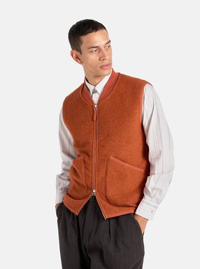 Fleece Men Universal Works Universal Works Zip Waistcoat In Orange Wool Fleece