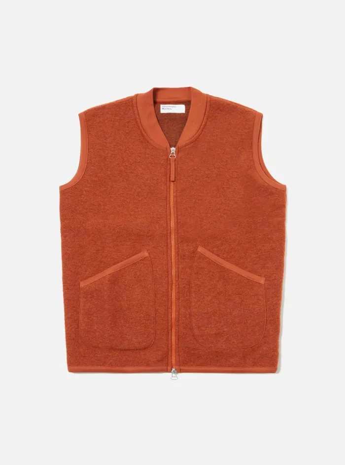 Fleece Men Universal Works Universal Works Zip Waistcoat In Orange Wool Fleece