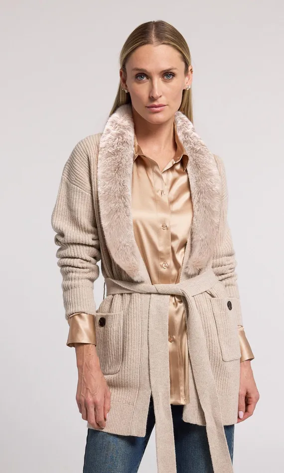Generation Love Clothing Sweaters and Sweatshirts Patty Fur Combo Cardigan Heather Oatmeal 8211 Women