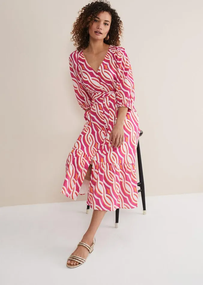 Georgie Cotton Geo Midi Dress Pink Women Phase Eight Dresses