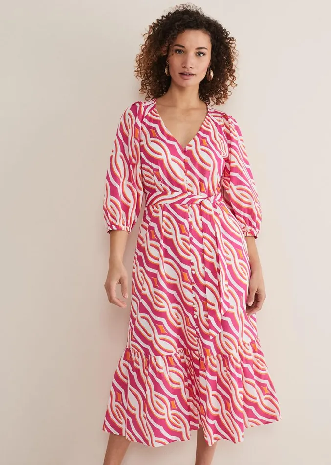 Georgie Cotton Geo Midi Dress Pink Women Phase Eight Dresses