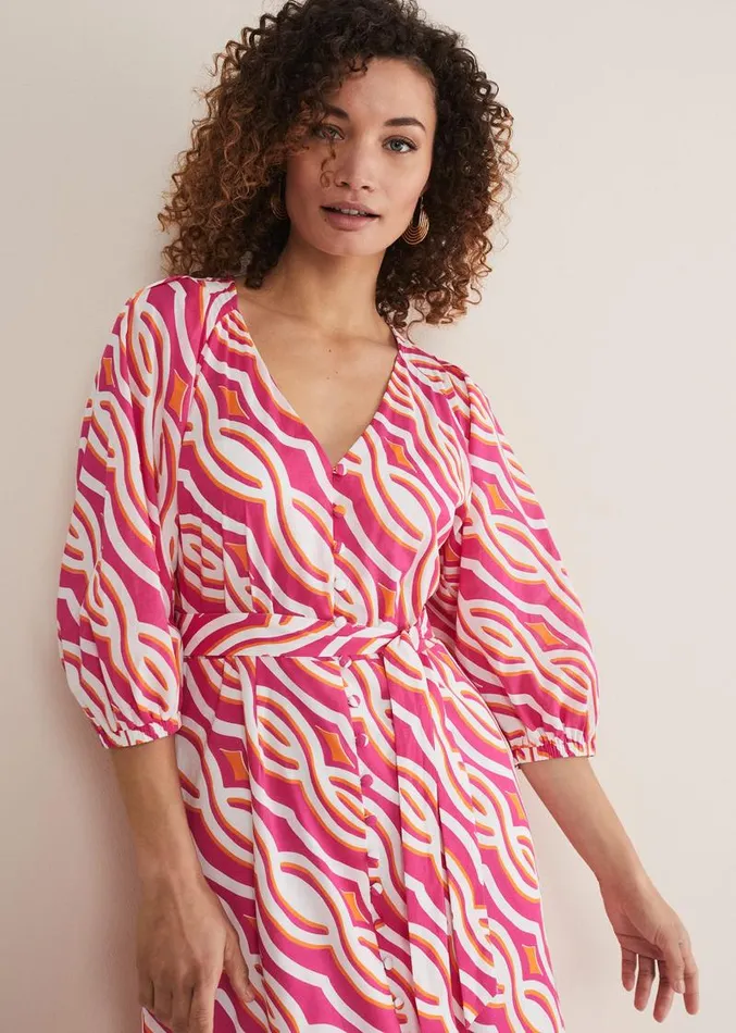 Georgie Cotton Geo Midi Dress Pink Women Phase Eight Dresses