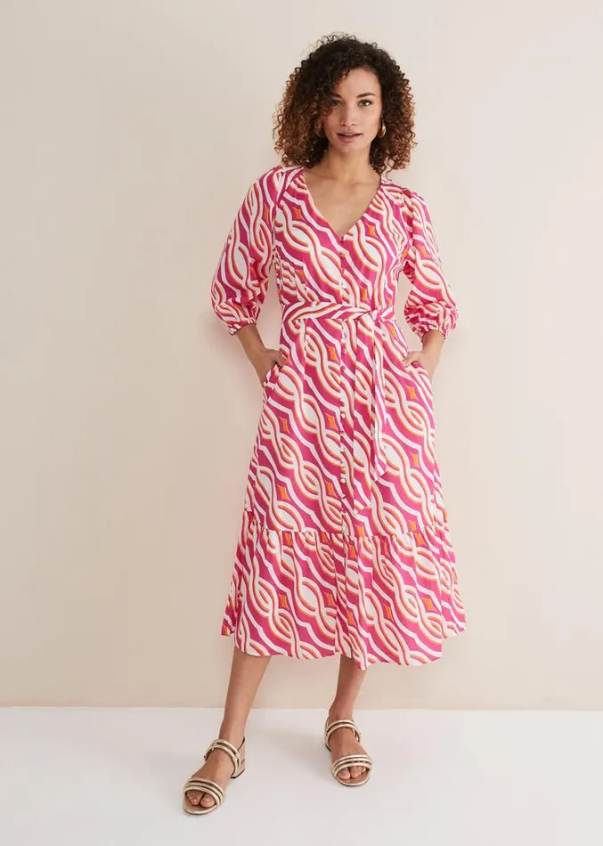 Georgie Cotton Geo Midi Dress Pink Women Phase Eight Dresses