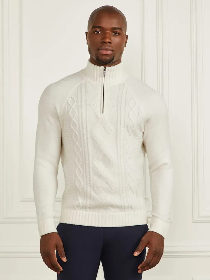 GUESS Hoodies and Sweaters Eco HalfZip Cable Knit Sweater White 8211 Men
