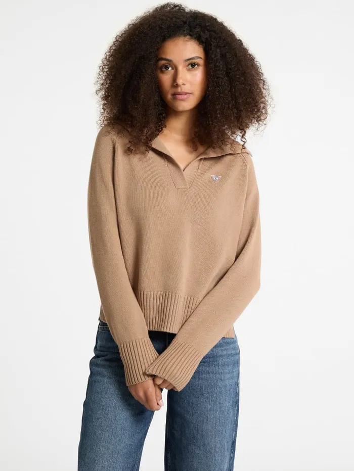 GUESS Hoodies and Sweaters Mini Triangle Polo Sweater Beige 8211 Women