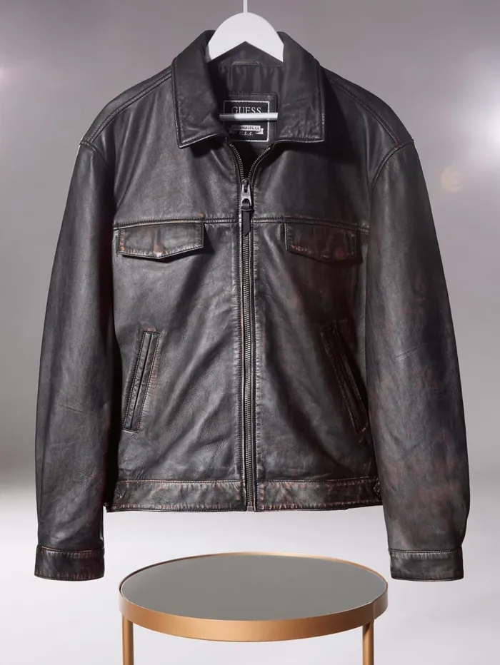GUESS Jackets and Coats Distressed Leather Flight Jacket Black 8211 Men