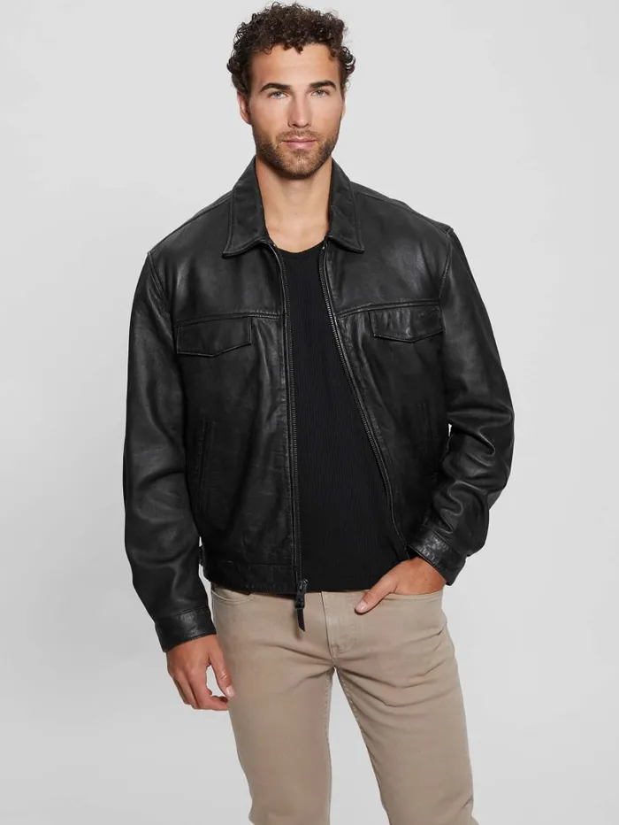 GUESS Jackets and Coats Distressed Leather Flight Jacket Black 8211 Men