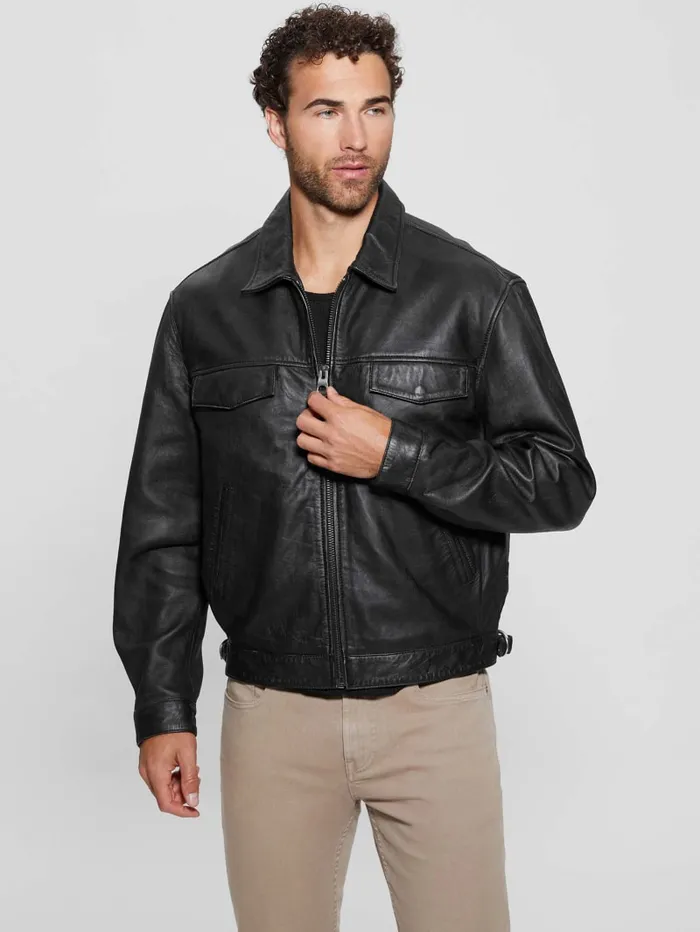 GUESS Jackets and Coats Distressed Leather Flight Jacket Black 8211 Men