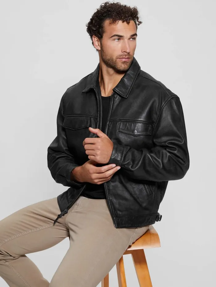GUESS Jackets and Coats Distressed Leather Flight Jacket Black 8211 Men