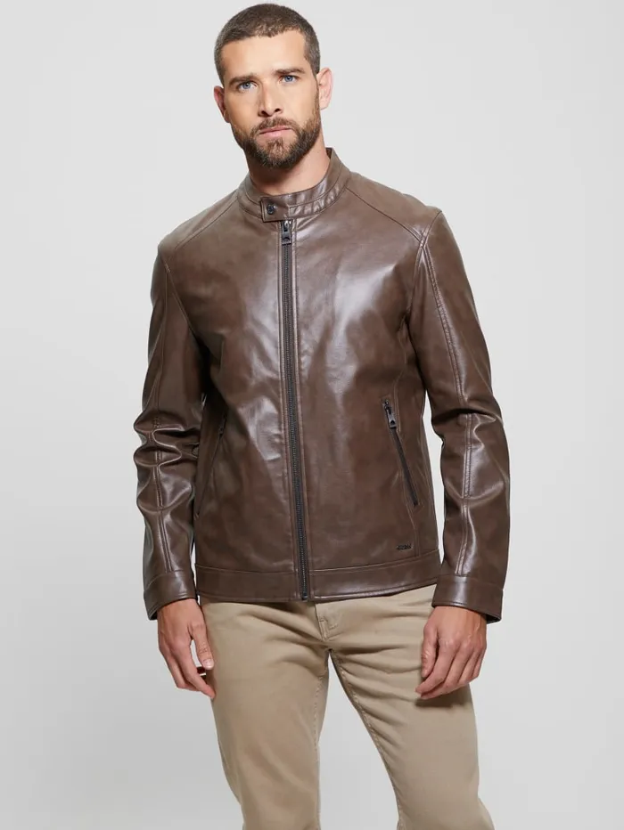 GUESS Jackets and Coats FauxLeather Moto Jacket Brown 8211 Men